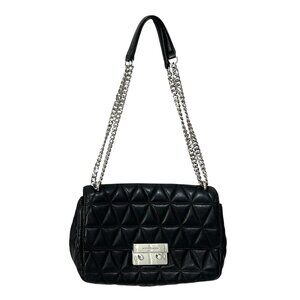 Michael Kors Sloan Large Black Leather Silver Chain Shoulder Bag 6.75" x 11"